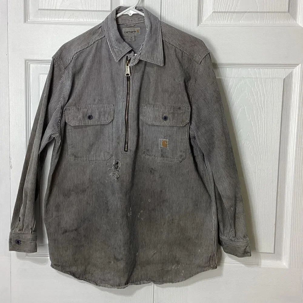 Carhartt Roached Pullover Striped Blue and White Work Shirt - Picture 1 of 12
